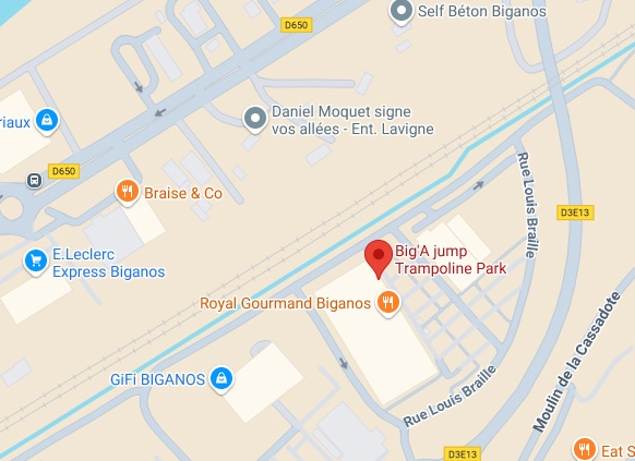 Carte du parc Big'A jump Trampoline à Biganos, situé près de Royal Gourmand, E.Leclerc Express, Gifi et Braise & Co, sur Rue Louis Braille et D650.