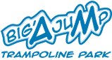 Logo Big Jump Trampoline Park en bleu, avec le texte principal "BIG JUMP" dans une police dynamique et "TRAMPOLINE PARK" dessous.