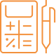 Calculatrice & Crayon : Gestion financière simplifiée. Icône orange : calculatrice avec symboles (+, -, x, %) et un crayon. Représente comptabilité, calcul financier ou planification.